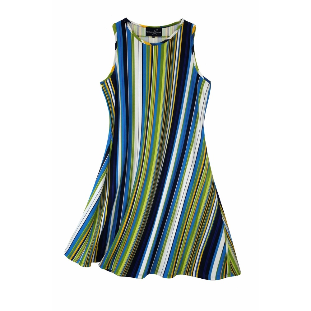 Lexington Avenue Striped A-Line Dress Women's Large Blue Green Sleeveless Stretc